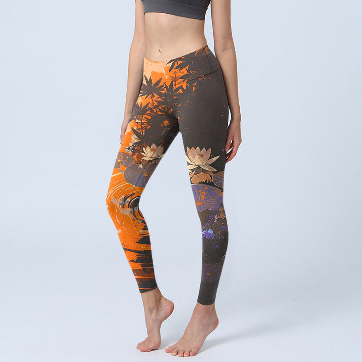 Leggings de gimnasio con estampado de Buddha Stones de loto, hojas y ondas de agua, pantalones de yoga para mujer - Naranja - US18，UK/AU22，EU50 (4XL) - image 0