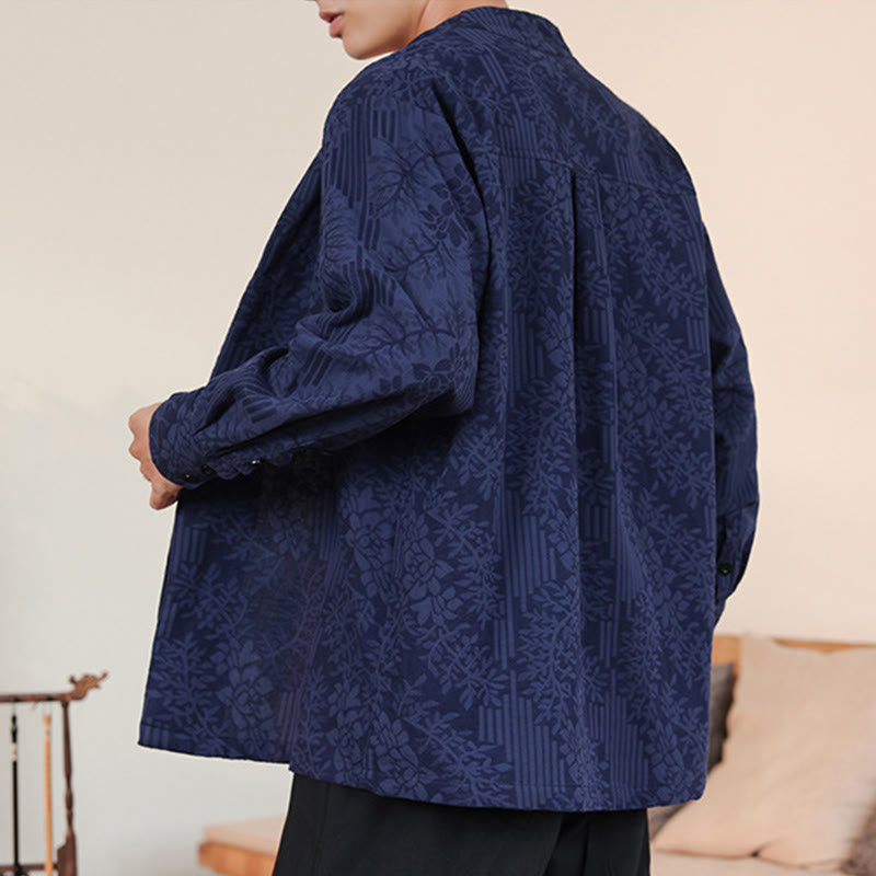 Kimono de algodón para hombre, manga larga, para hombre, con estampado jacquard de flores y plantas otoñales con Buddha Stones. - image 5