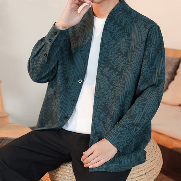 Kimono de algodón para hombre, manga larga, para hombre, con estampado jacquard de flores y plantas otoñales con Buddha Stones. - image 28