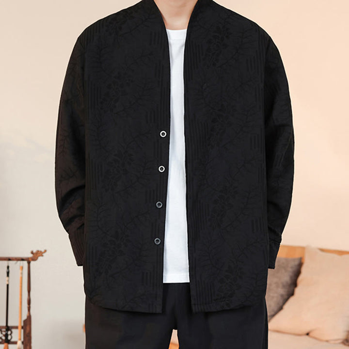 Kimono de algodón para hombre, manga larga, para hombre, con estampado jacquard de flores y plantas otoñales con Buddha Stones. - image 34