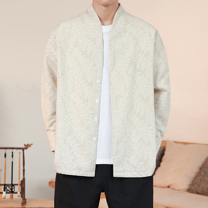 Kimono de algodón para hombre, manga larga, para hombre, con estampado jacquard de flores y plantas otoñales con Buddha Stones. - Beige - US/UK/AU44, EU54 (4XL) - image 13