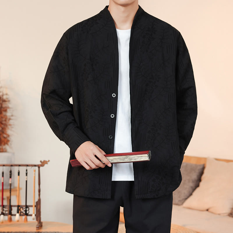 Kimono de algodón para hombre, manga larga, para hombre, con estampado jacquard de flores y plantas otoñales con Buddha Stones. - image 30