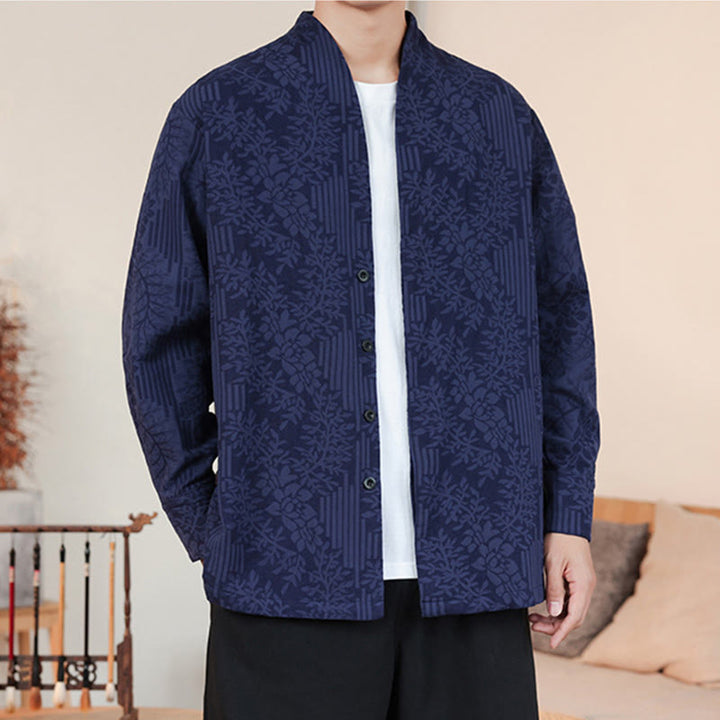 Kimono de algodón para hombre, manga larga, para hombre, con estampado jacquard de flores y plantas otoñales con Buddha Stones. - image 2