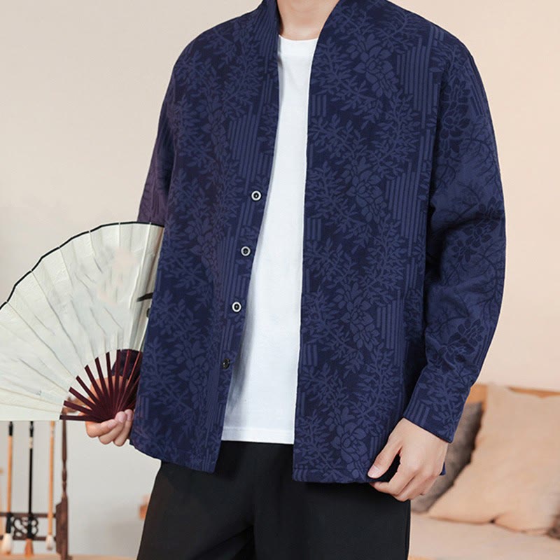 Kimono de algodón para hombre, manga larga, para hombre, con estampado jacquard de flores y plantas otoñales con Buddha Stones. - image 0