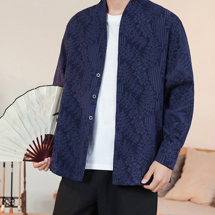 Kimono de algodón para hombre, manga larga, para hombre, con estampado jacquard de flores y plantas otoñales con Buddha Stones. - image 0