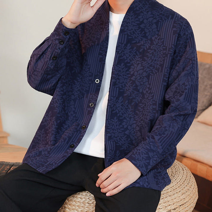 Kimono de algodón para hombre, manga larga, para hombre, con estampado jacquard de flores y plantas otoñales con Buddha Stones. - image 7