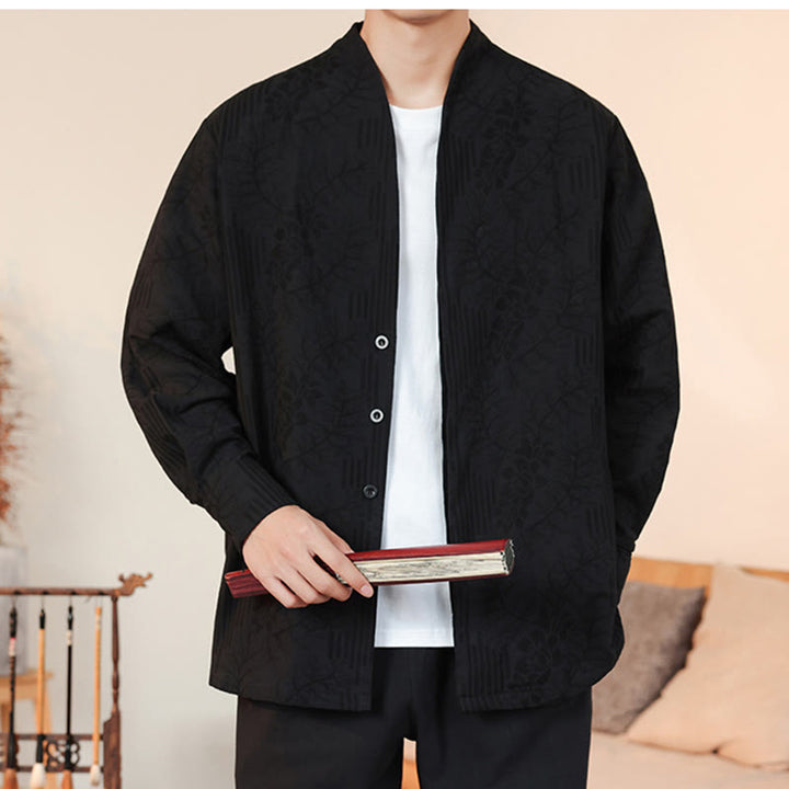 Kimono de algodón para hombre, manga larga, para hombre, con estampado jacquard de flores y plantas otoñales con Buddha Stones. - Negro - US/UK/AU44, EU54 (4XL) - image 29