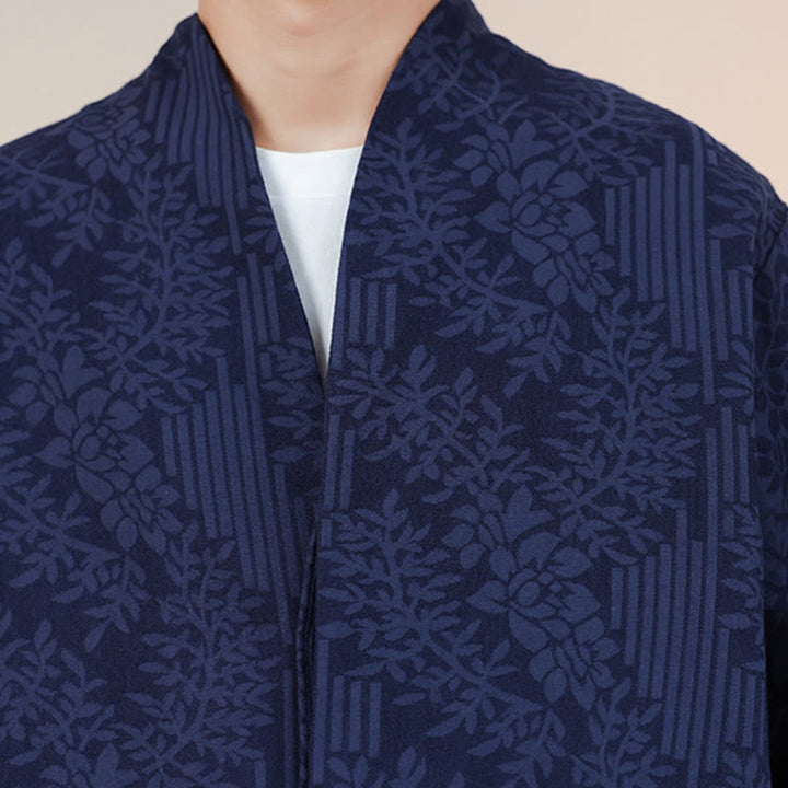 Kimono de algodón para hombre, manga larga, para hombre, con estampado jacquard de flores y plantas otoñales con Buddha Stones. - image 8