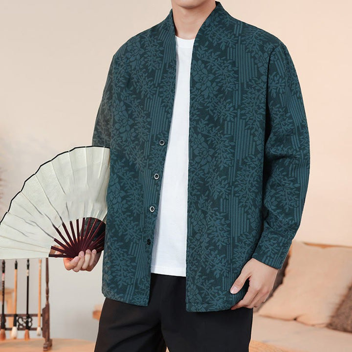 Kimono de algodón para hombre, manga larga, para hombre, con estampado jacquard de flores y plantas otoñales con Buddha Stones. - Cian oscuro - US/UK/AU44, EU54 (4XL) - image 21