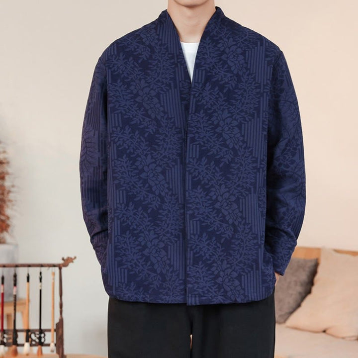 Kimono de algodón para hombre, manga larga, para hombre, con estampado jacquard de flores y plantas otoñales con Buddha Stones. - Azul oscuro - US/UK/AU44, EU54 (4XL) - image 1