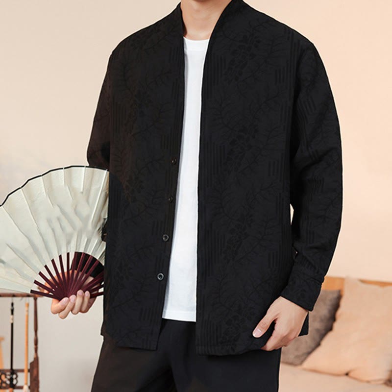 Kimono de algodón para hombre, manga larga, para hombre, con estampado jacquard de flores y plantas otoñales con Buddha Stones. - image 32