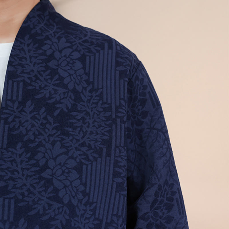 Kimono de algodón para hombre, manga larga, para hombre, con estampado jacquard de flores y plantas otoñales con Buddha Stones. - image 10