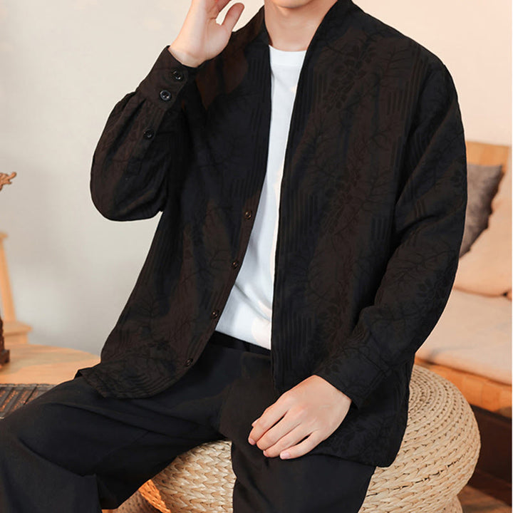 Kimono de algodón para hombre, manga larga, para hombre, con estampado jacquard de flores y plantas otoñales con Buddha Stones. - image 37