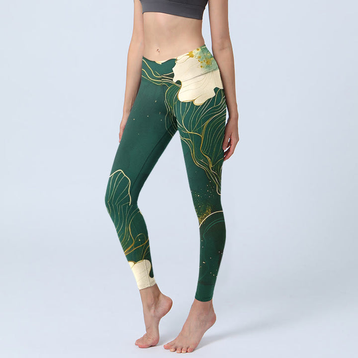 Leggings de gimnasio con estampado de flores elegantes y Buddha Stones, pantalones de yoga para mujer - Verde oscuro - US18，UK/AU22，EU50 (4XL) - image 0