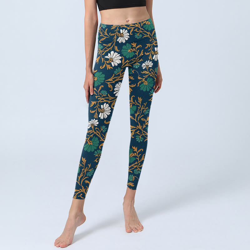 Leggings de gimnasio para mujer con estampado de flores y enredaderas de estilo retro pastoral con Buddha Stones. Pantalones de yoga. - image 5