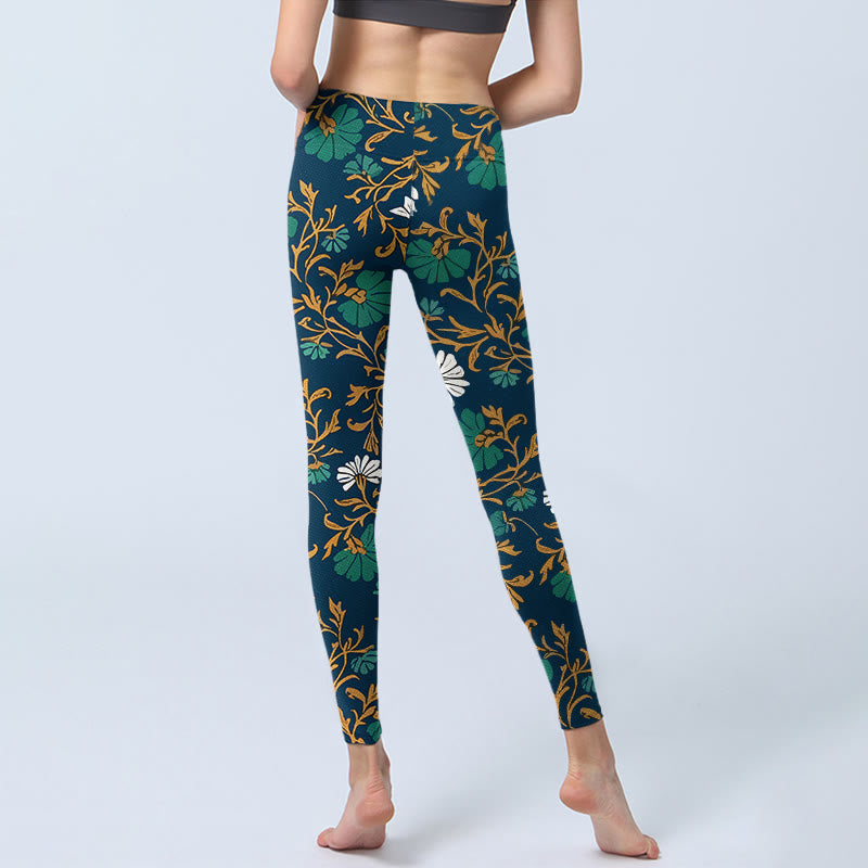 Leggings de gimnasio para mujer con estampado de flores y enredaderas de estilo retro pastoral con Buddha Stones. Pantalones de yoga. - image 6