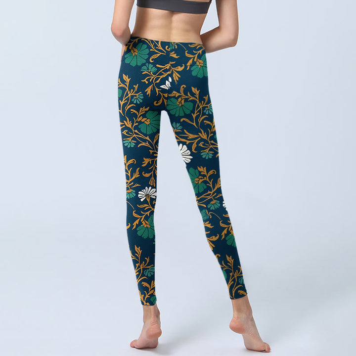 Leggings de gimnasio para mujer con estampado de flores y enredaderas de estilo retro pastoral con Buddha Stones. Pantalones de yoga. - image 6