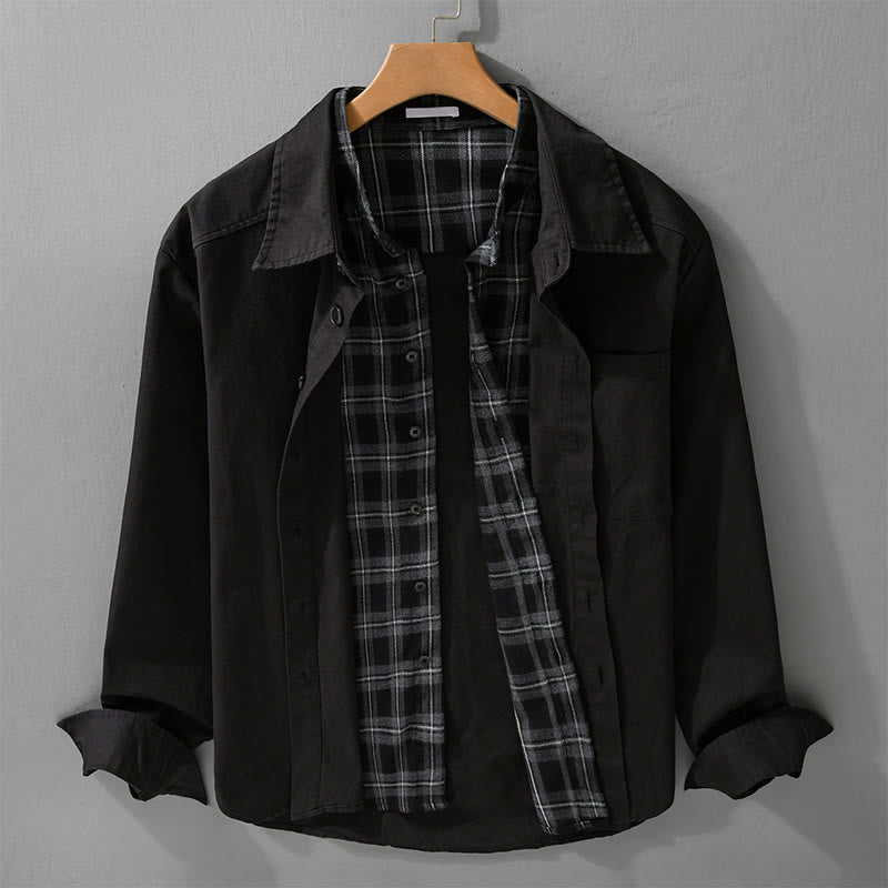 Chaqueta de algodón para hombre, manga larga, con bolsillo, estampado de cuadros primaverales de Buddha Stones, estilo dos piezas falso. - Negro - US/UK/AU42, EU52 (3XL) - image 0