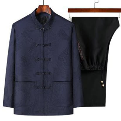 Conjunto de ropa de algodón para hombre Buddha Stones 2Pcs Commute Tang Suit Frog-Button, camisa de manga larga y pantalón. - Azul medianoche - US/UK/AU44, EU54 (4XL) - image 2