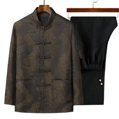 Conjunto de ropa de algodón para hombre Buddha Stones 2Pcs Commute Tang Suit Frog-Button, camisa de manga larga y pantalón. - Marrón silla de montar - US/UK/AU44, EU54 (4XL) - image 0