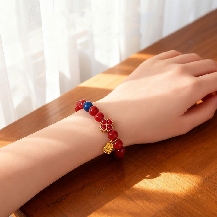 Pulsera de cuentas positivas con Buddha Stones de cuatro hojas, flor de calabaza, ágata roja del sur y ágata blanca - image 5