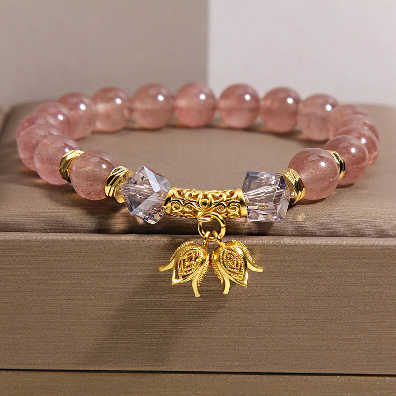 Pulsera de cuentas positivas de cuarzo fresa natural con lirio de los valles de Buddha Stones - Cuarzo fresa (circunferencia de la muñeca: 15-17 cm) - image 0