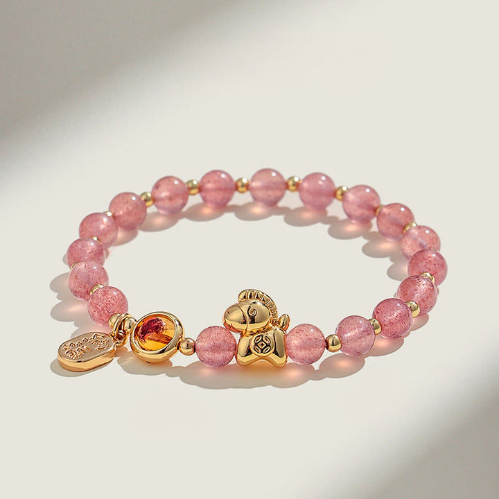 Pulsera de amor con Buddha Stones, año del caballo, cuarzo fresa, citrino, ágata roja y cristal rosa - Cuarzo fresa (circunferencia de la muñeca: 14-15 cm) - image 0