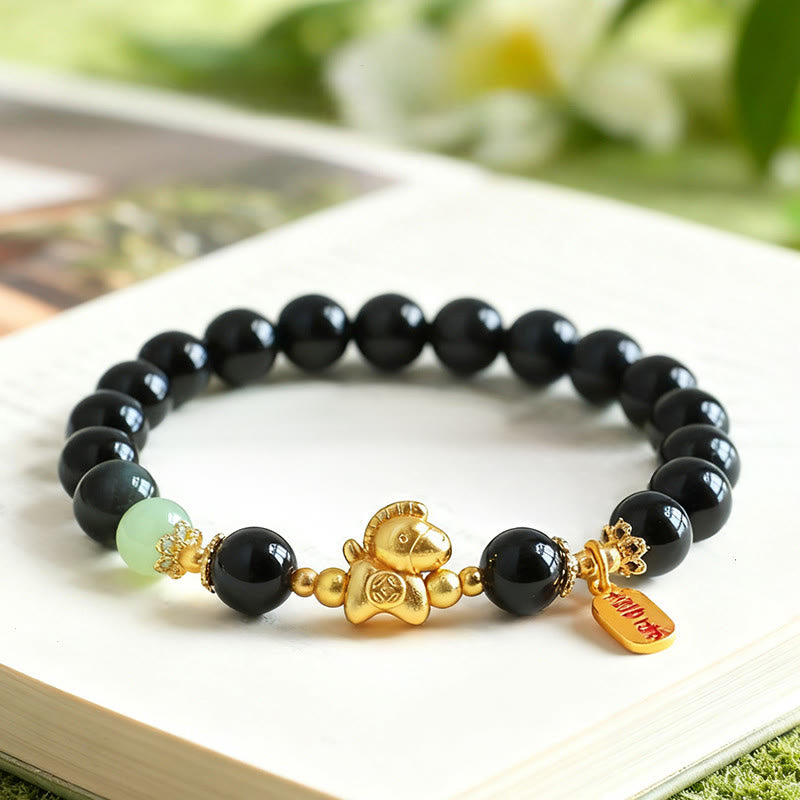 Pulsera de fuerza con Buddha Stones, jade hetiano, obsidiana negra y ágata roja, del Año del Caballo - image 1