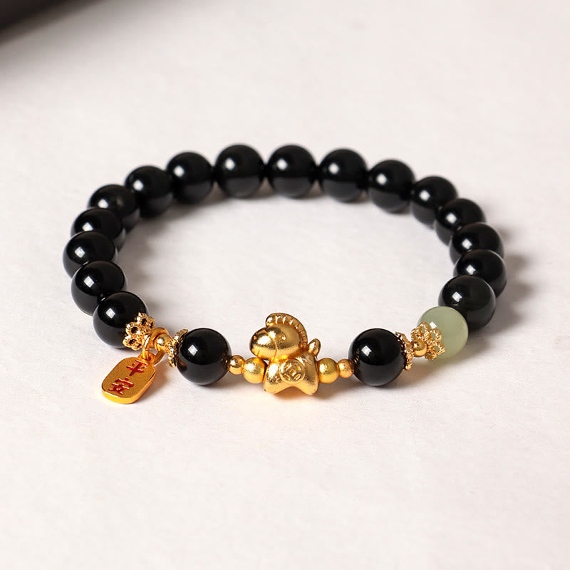 Pulsera de fuerza con Buddha Stones, jade hetiano, obsidiana negra y ágata roja, del Año del Caballo - image 3