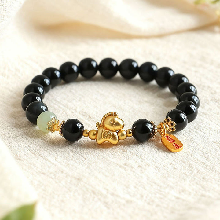 Pulsera de fuerza con Buddha Stones, jade hetiano, obsidiana negra y ágata roja, del Año del Caballo - Obsidiana negra (circunferencia de la muñeca: 14-15 cm) - image 0