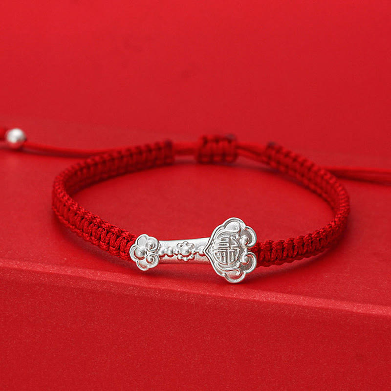 Pulsera trenzada con hilo rojo de la suerte y símbolo de Ruyi Fu en plata de ley 999 con Buddha Stones - Cuerda roja (circunferencia de la muñeca: 19-20 cm) - image 0