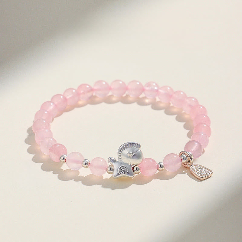 Pulsera de plata con Buddha Stones, año del caballo, obsidiana negra, ágata roja y cristal rosa. - Cristal rosa (circunferencia de la muñeca: 14-15 cm) - image 9