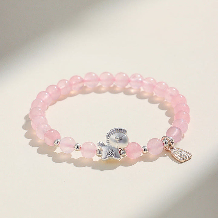 Pulsera de plata con Buddha Stones, año del caballo, obsidiana negra, ágata roja y cristal rosa. - Cristal rosa (circunferencia de la muñeca: 14-15 cm) - image 9