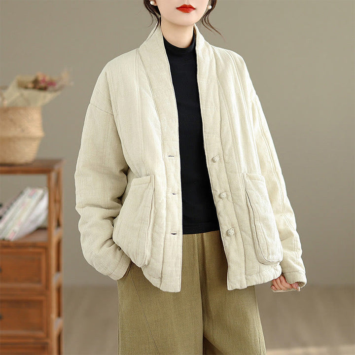 Chaqueta térmica de algodón de manga larga para mujer con bolsillos de Buddha Stones Winter Solid - image 4