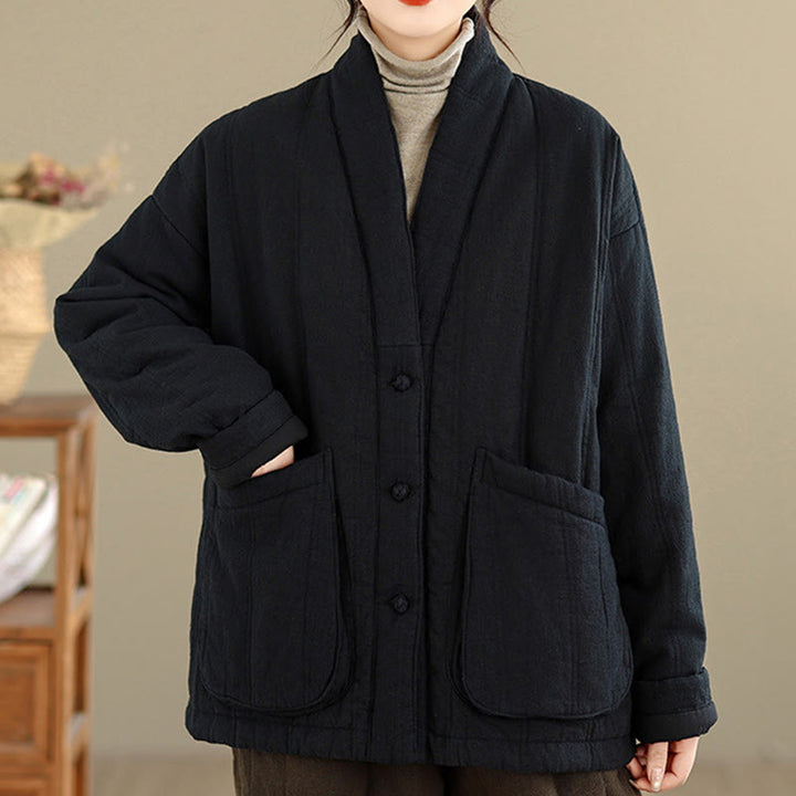 Chaqueta térmica de algodón de manga larga para mujer con bolsillos de Buddha Stones Winter Solid - image 18