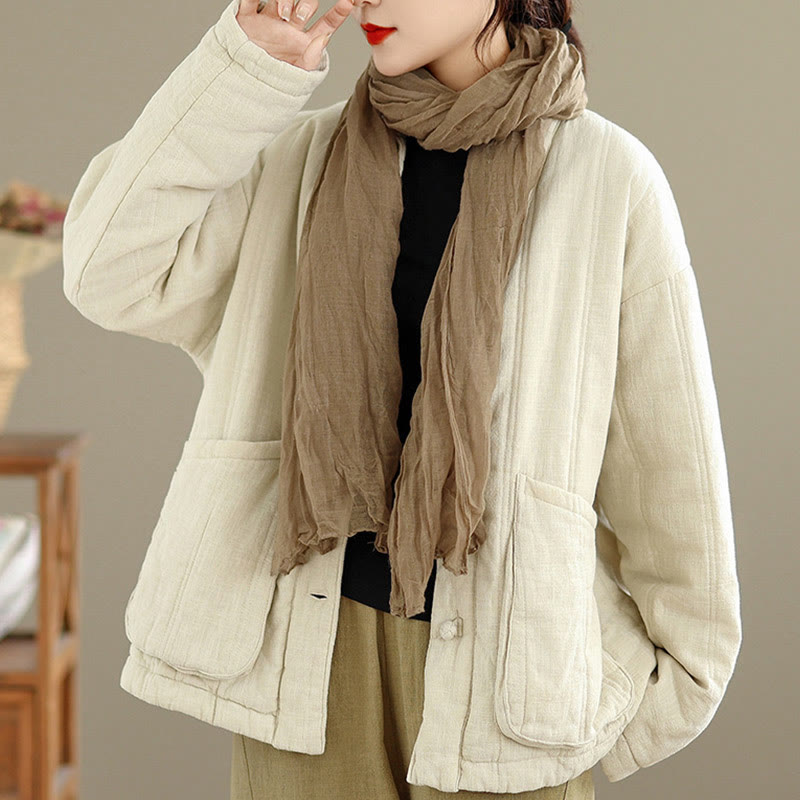 Chaqueta térmica de algodón de manga larga para mujer con bolsillos de Buddha Stones Winter Solid - image 6