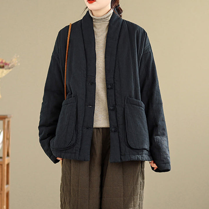 Chaqueta térmica de algodón de manga larga para mujer con bolsillos de Buddha Stones Winter Solid - image 17