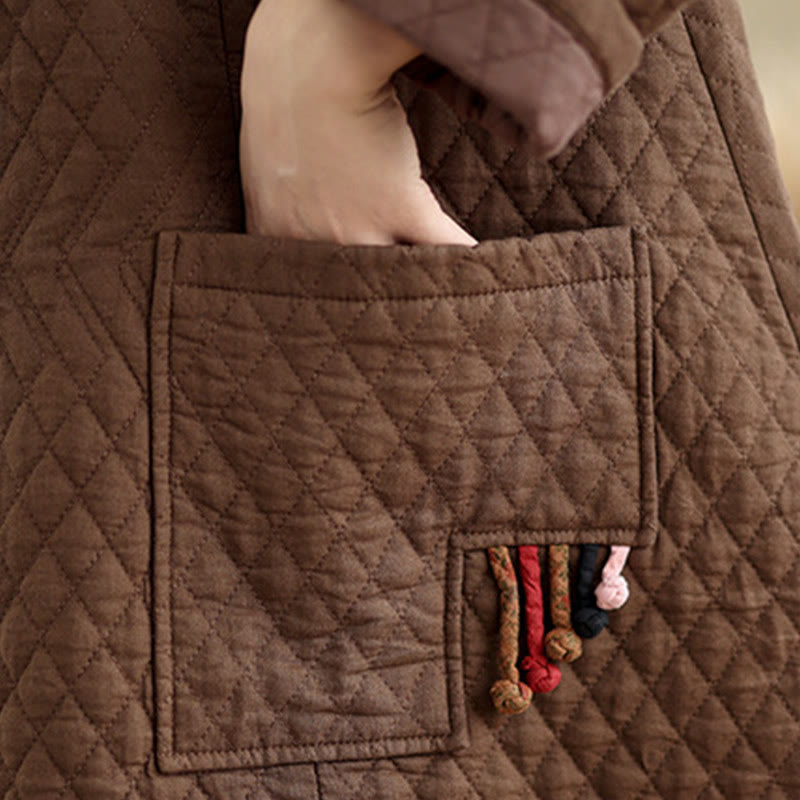 Abrigo de algodón para mujer de longitud media con estampado de diamantes y Buddha Stones y bolsillos - image 19