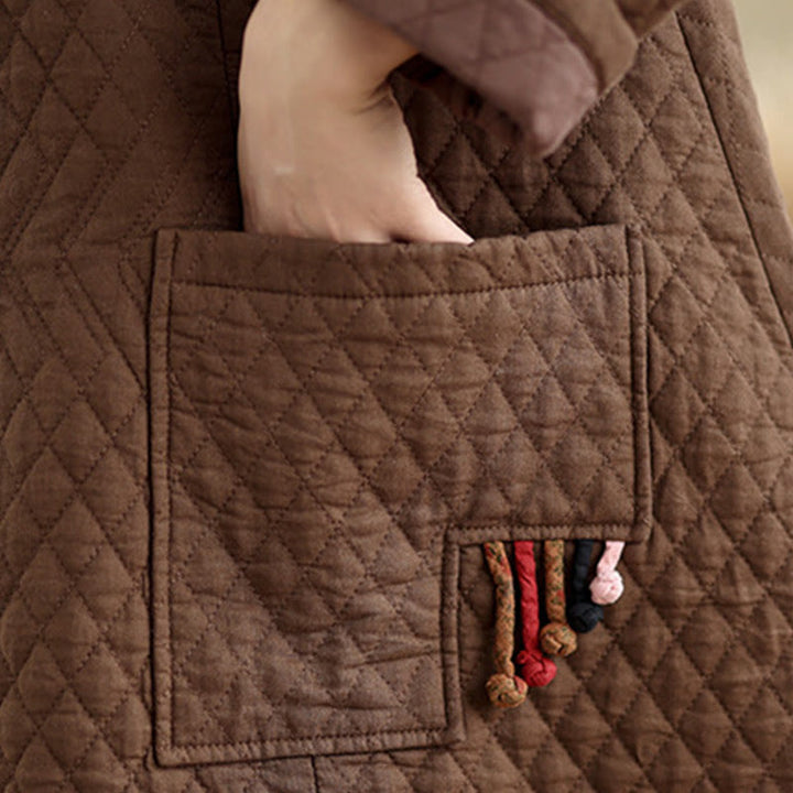 Abrigo de algodón para mujer de longitud media con estampado de diamantes y Buddha Stones y bolsillos - image 19