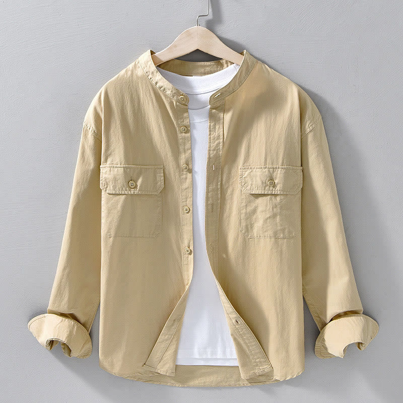 Chaqueta gruesa de algodón de manga larga para hombre, color liso, con cuello redondo y bolsillos , de Buddha Stones - Trigo - US/UK/AU42, EU52 (3XL) - image 0