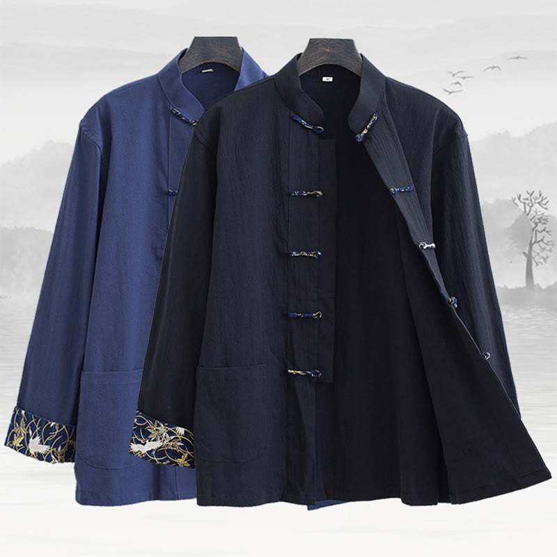 Chaqueta de manga larga de lino y algodón con botones de rana para hombre con diseño de grullas de primavera y Buddha Stones - image 1