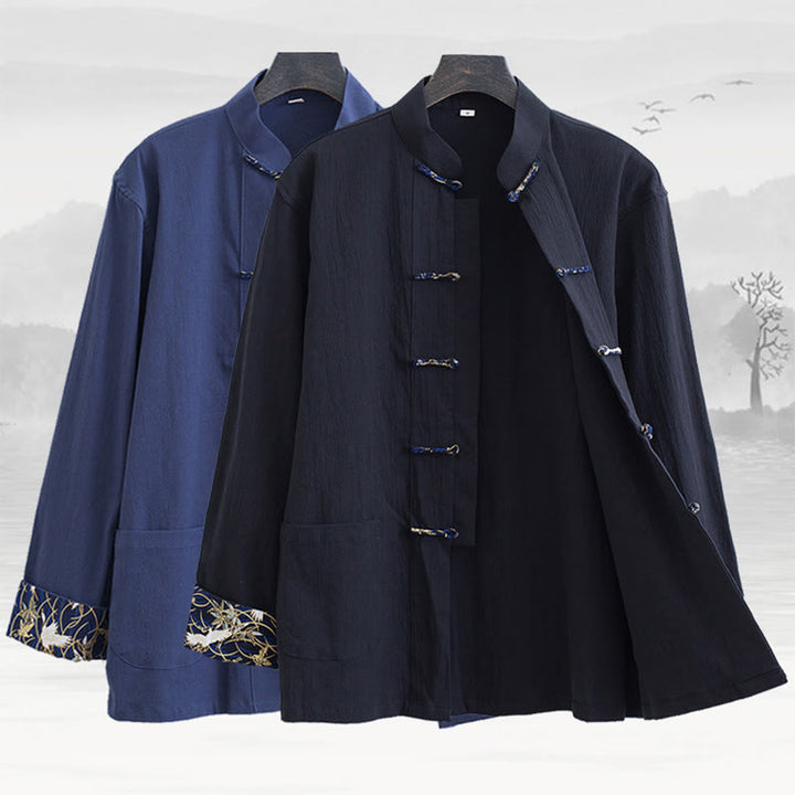 Chaqueta de manga larga de lino y algodón con botones de rana para hombre con diseño de grullas de primavera y Buddha Stones - image 1