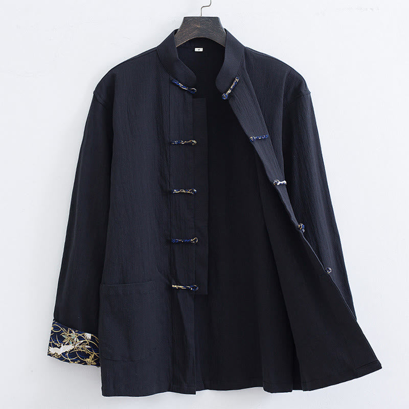 Chaqueta de manga larga de lino y algodón con botones de rana para hombre con diseño de grullas de primavera y Buddha Stones - Negro - US/UK/AU52, EU62 (8XL) - image 0