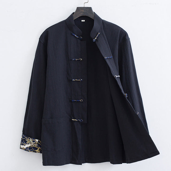 Chaqueta de manga larga de lino y algodón con botones de rana para hombre con diseño de grullas de primavera y Buddha Stones - Negro - US/UK/AU52, EU62 (8XL) - image 0