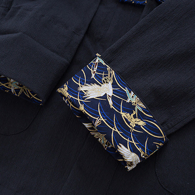 Chaqueta de manga larga de lino y algodón con botones de rana para hombre con diseño de grullas de primavera y Buddha Stones - image 6