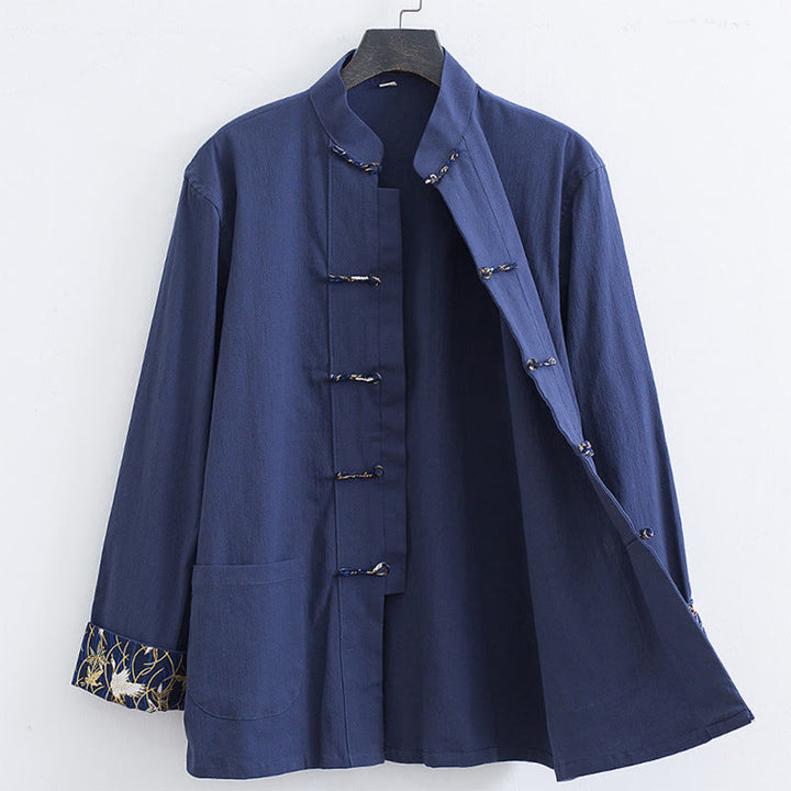 Chaqueta de manga larga de lino y algodón con botones de rana para hombre con diseño de grullas de primavera y Buddha Stones - Azul acero - US/UK/AU52, EU62 (8XL) - image 9