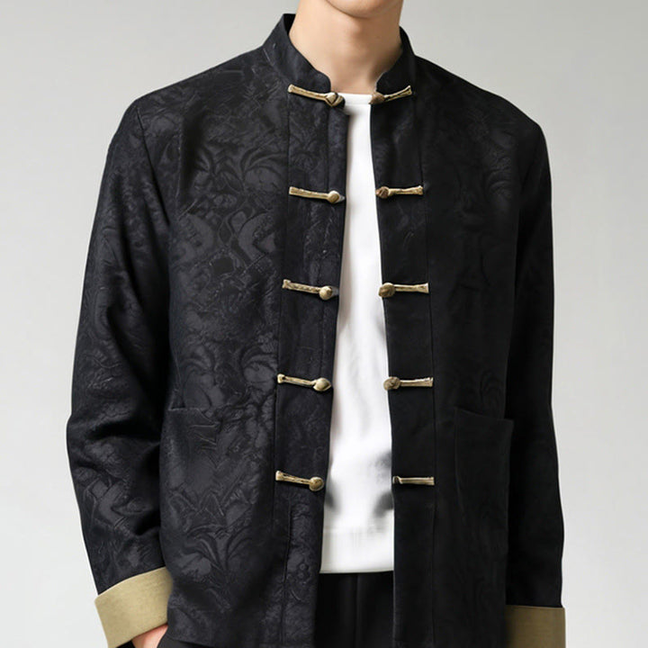 Chaqueta de algodón de manga larga con botones de rana y bolsillos para hombre de Buddha Stones Spring Jacquard - image 2