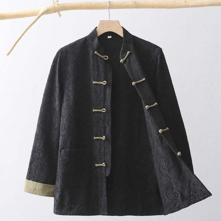 Chaqueta de algodón de manga larga con botones de rana y bolsillos para hombre de Buddha Stones Spring Jacquard - Negro - US/UK/AU44, EU54 (4XL) - image 0