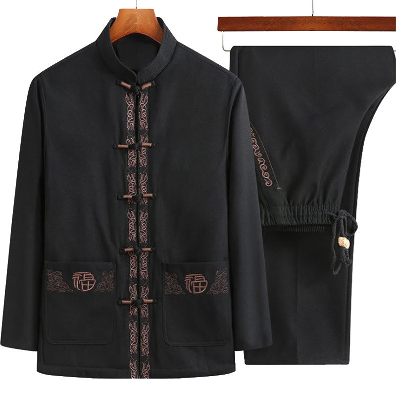 Traje Tang con bordado de personajes Fu de Buddha Stones y botones de rana para hombre, chaqueta de manga larga, camisa y pantalones - Chaqueta negra + pantalones negros - US/UK/AU44, EU54 (4XL) - image 0