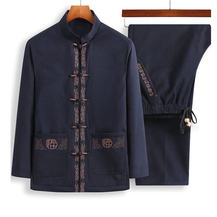 Traje Tang con bordado de personajes Fu de Buddha Stones y botones de rana para hombre, chaqueta de manga larga, camisa y pantalones - Chaqueta azul acero + pantalón negro - US/UK/AU44, EU54 (4XL) - image 5